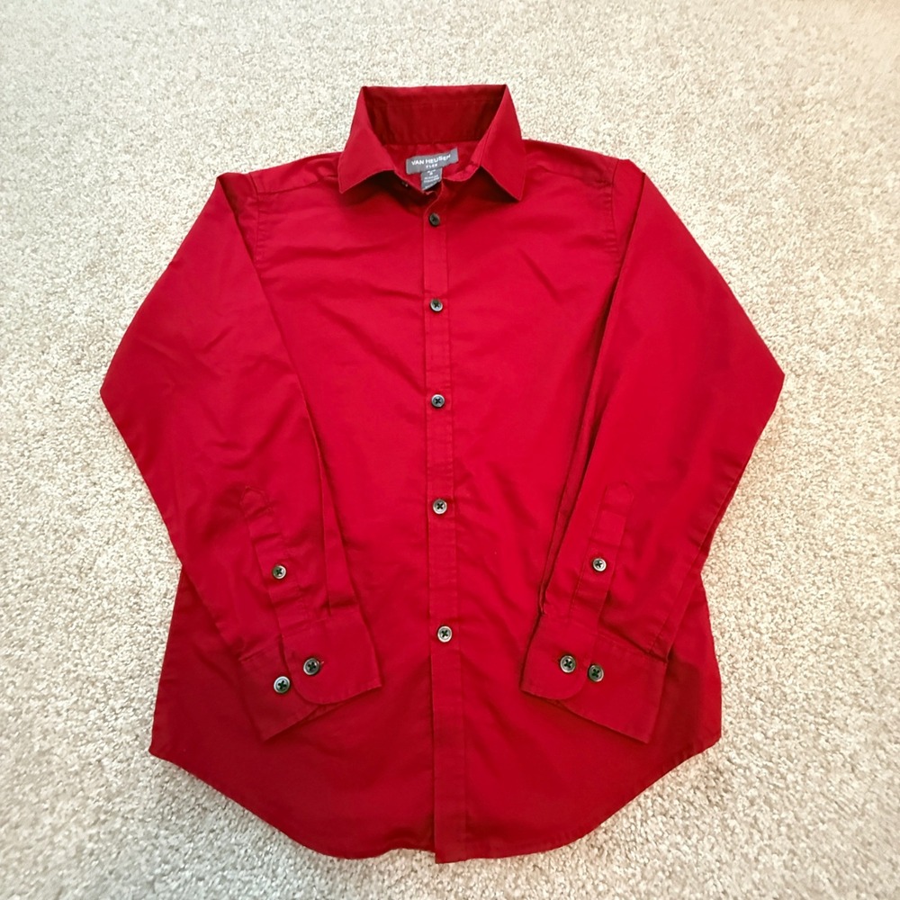 Van Heusen Flex Button Down Shirt Kids Size 8 Red Long Sleeve Stretch Dress